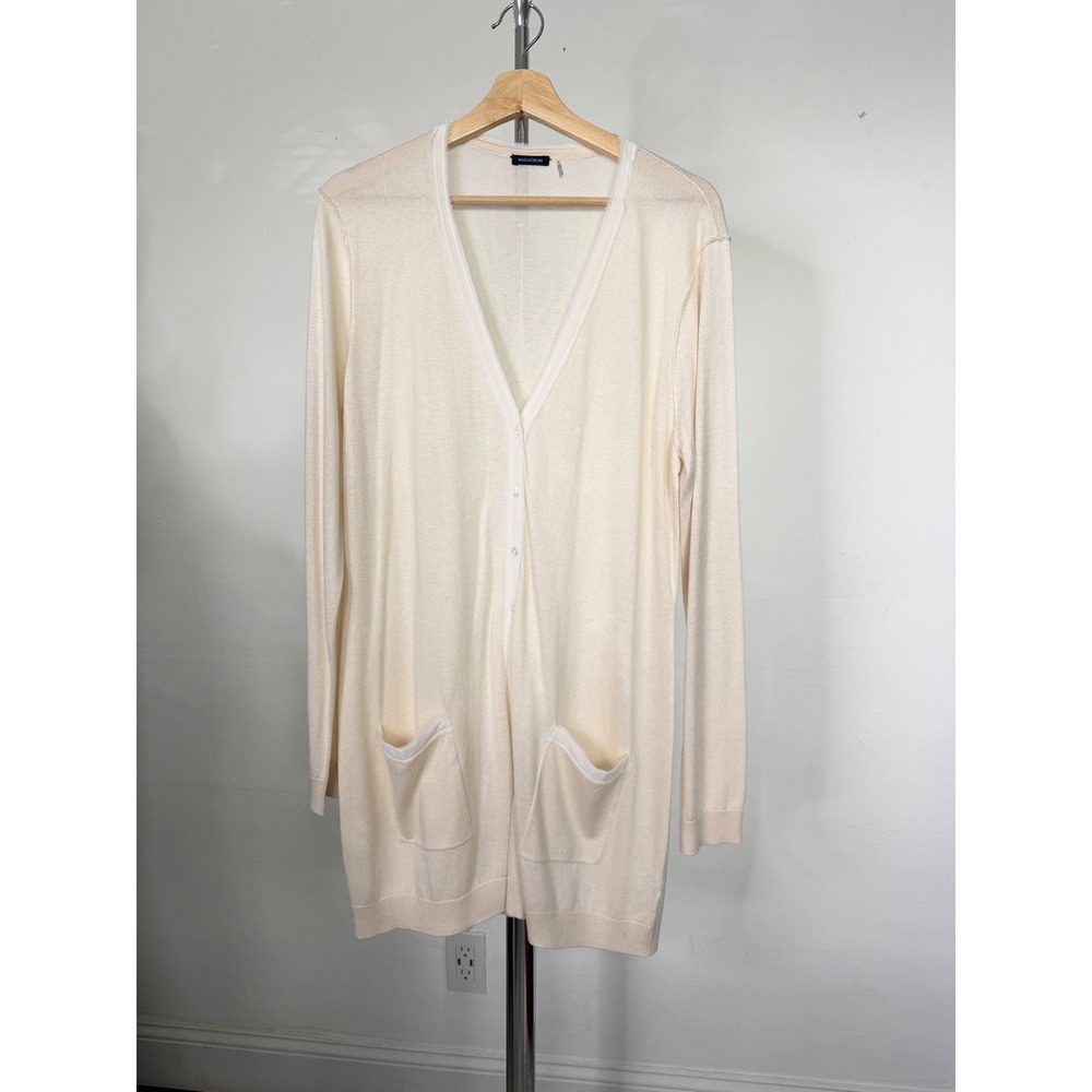 Magaschoni Silk Cashmere Longline Cardigan Sweater Cream V-Neck Button Front XL